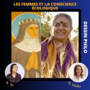 Peinture d'Hildegarde à gauche, à droite, photographie de Vandana Shiva. Se trouvent dans un cercle les photos des deux intervenantes.