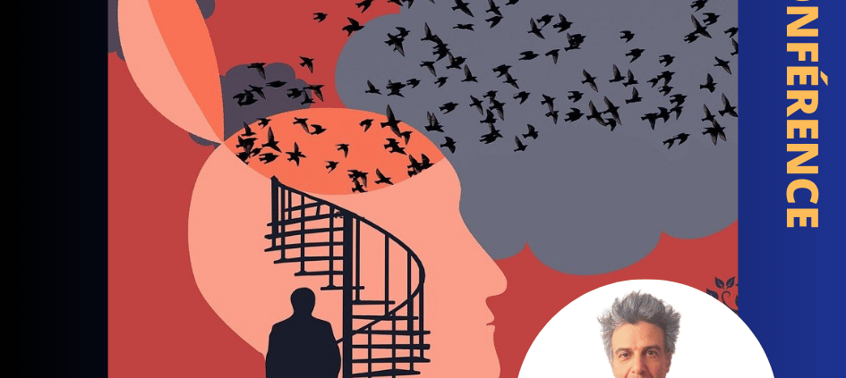 Illustration vectorielle représentant un homme marchant dans un atelier colimaçon, dans un paysage qui laisse apparaître un visage de profil par lequel une nuée d'oiseaux s'échappent. En bas à droite, dans un cercle se trouve la photo du conférencier.